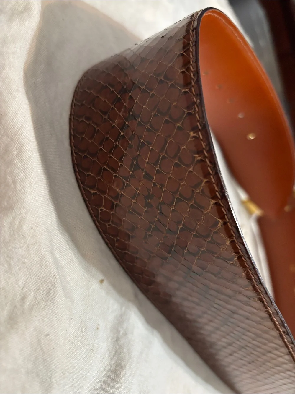 Women's Brown made in Italy Leather snakeskin Belt with Gold-Tone Loop Buckle